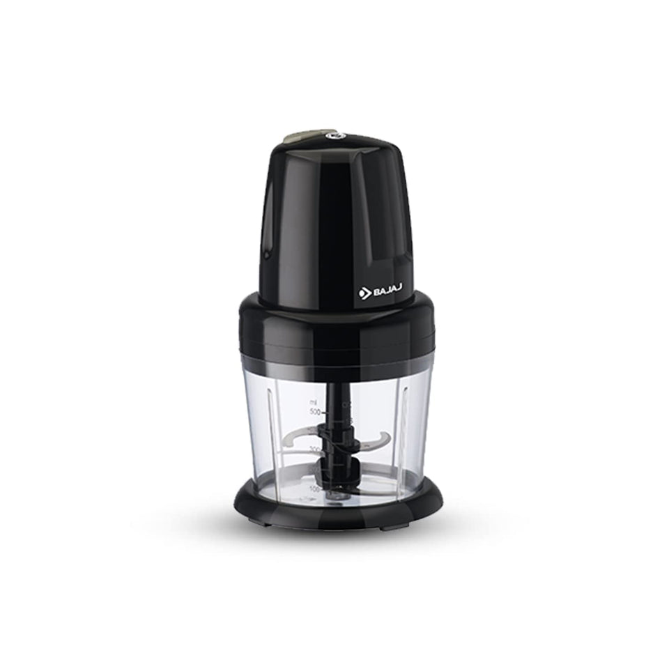 Bajaj Chop Pro electric chopper in black with the blade assembly visible inside the clear 800 ml bowl