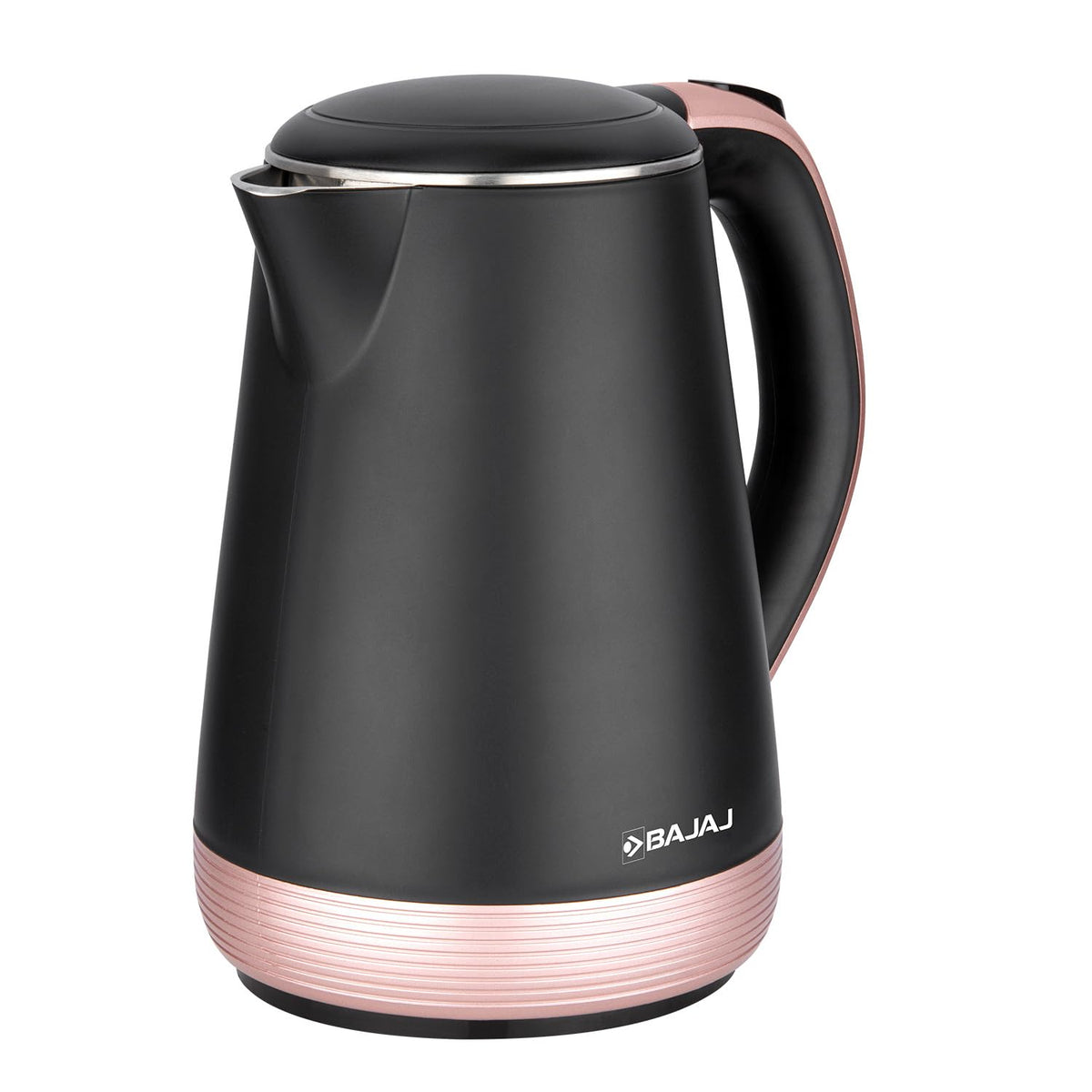 Bajaj KTP 1.7 Gold electric kettle in black with gold-toned base band and handle, front view