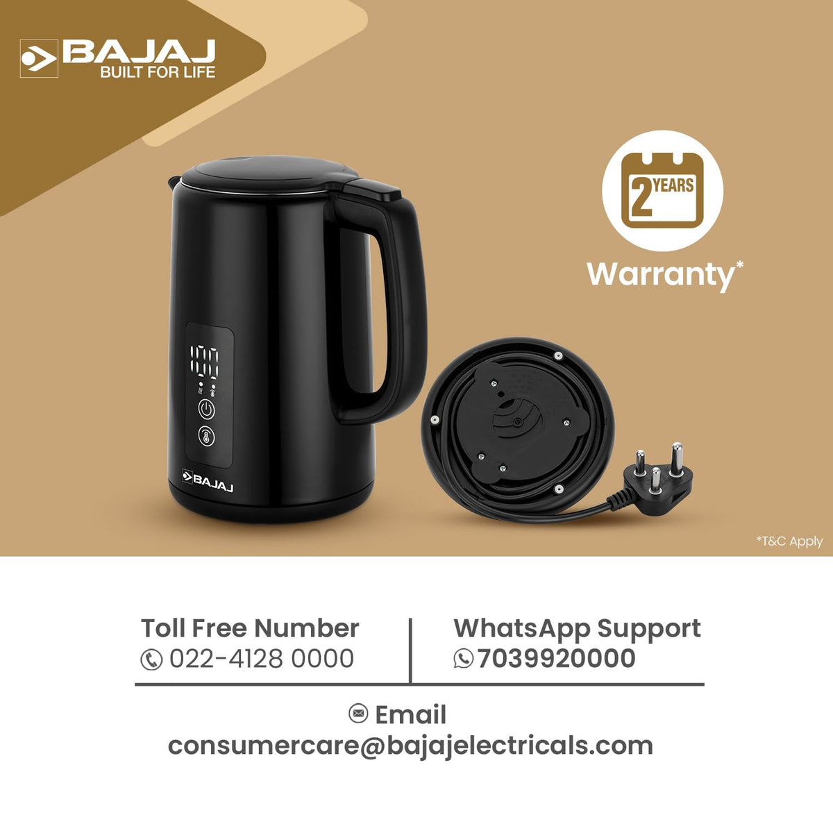 Bajaj KTP 1.5 Digital kettle with its base and stored power cord, 2-year warranty badge and Bajaj consumer care details