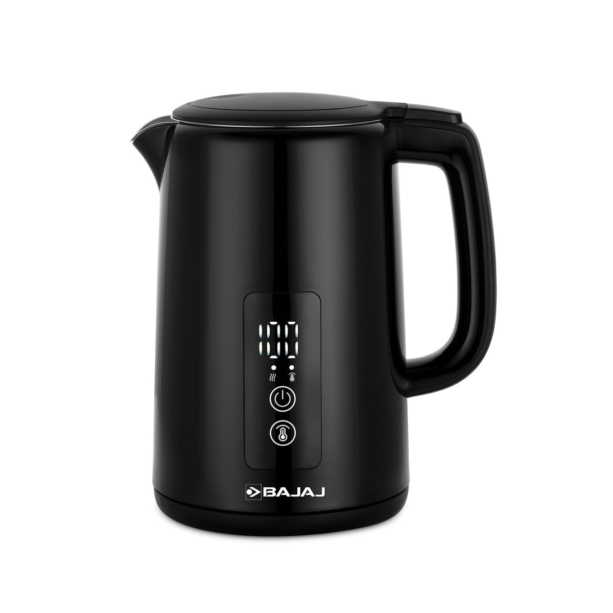 Bajaj KTP 1.5 Digital 1.5 L black electric kettle front view showing the digital temperature display and touch controls