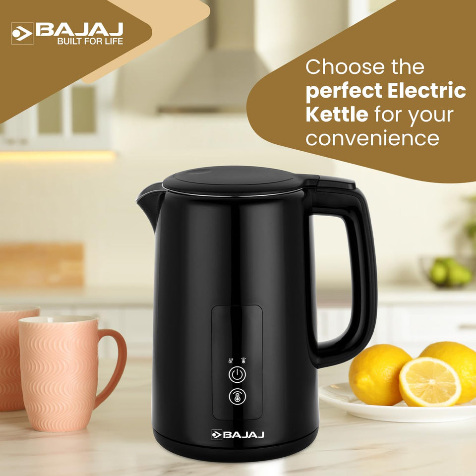 Bajaj KTP 1.5 Digital black electric kettle on a kitchen counter next to mugs and lemons, display off
