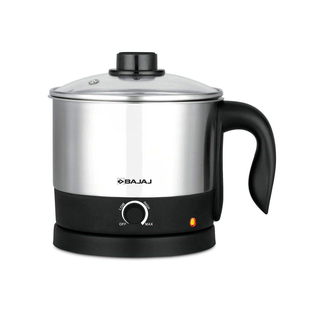 Bajaj KTS 1.0 Multicook electric kettle with stainless steel body, glass lid, black handle and temperature knob