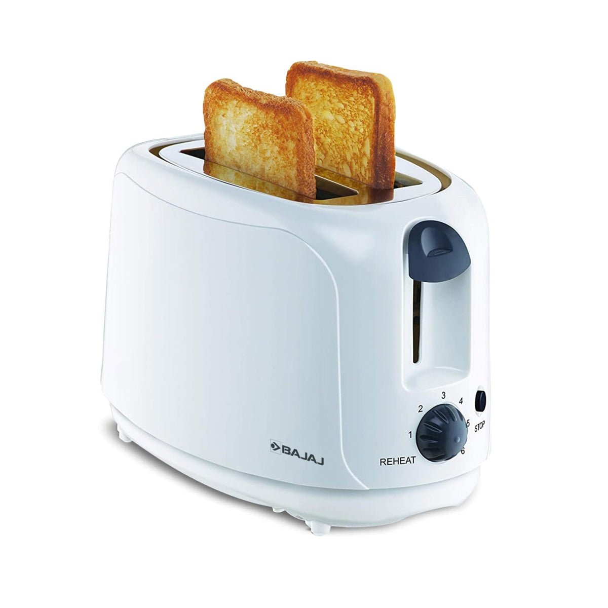 Bajaj ATX 4 white 2-slice pop-up toaster with two golden toasted slices, browning dial and reheat and stop controls