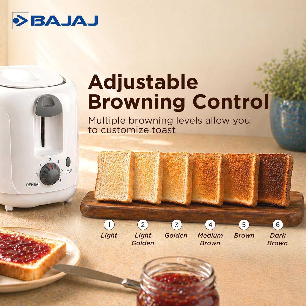 Bajaj ATX 4 toaster browning dial beside six toast slices showing levels 1 to 6 from light to dark brown