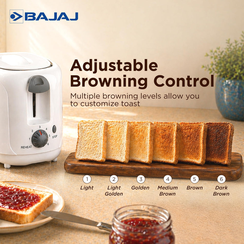 Bajaj ATX 4 toaster browning dial beside six toast slices showing levels 1 to 6 from light to dark brown
