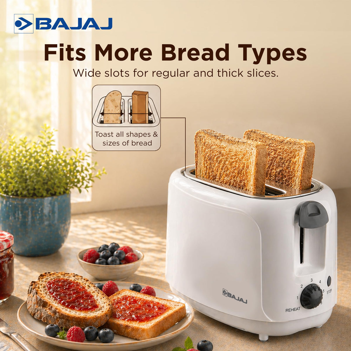 Bajaj ATX 4 toaster with wide slots toasting two slices, with a diagram of regular and thick bread fitting the slots