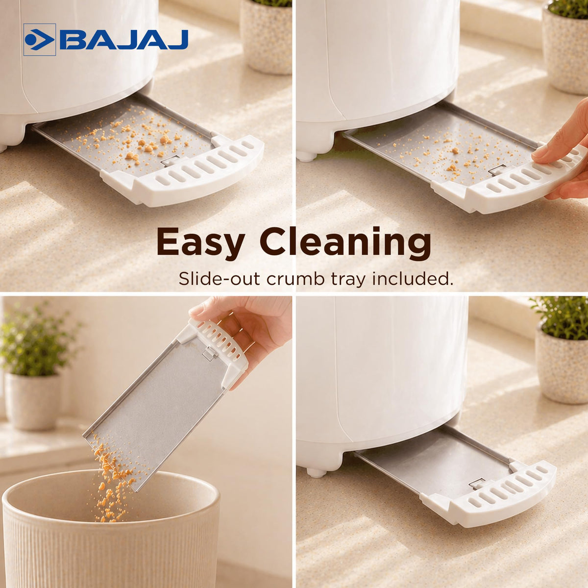 Bajaj ATX 4 toaster slide-out crumb tray being pulled out and emptied in four steps
