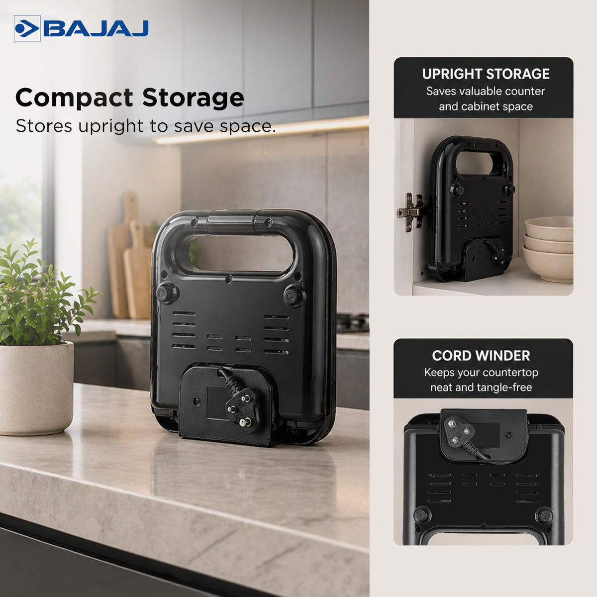 Bajaj SWX 5 sandwich toaster standing upright on a counter and in a cabinet, with the cord winder at the base