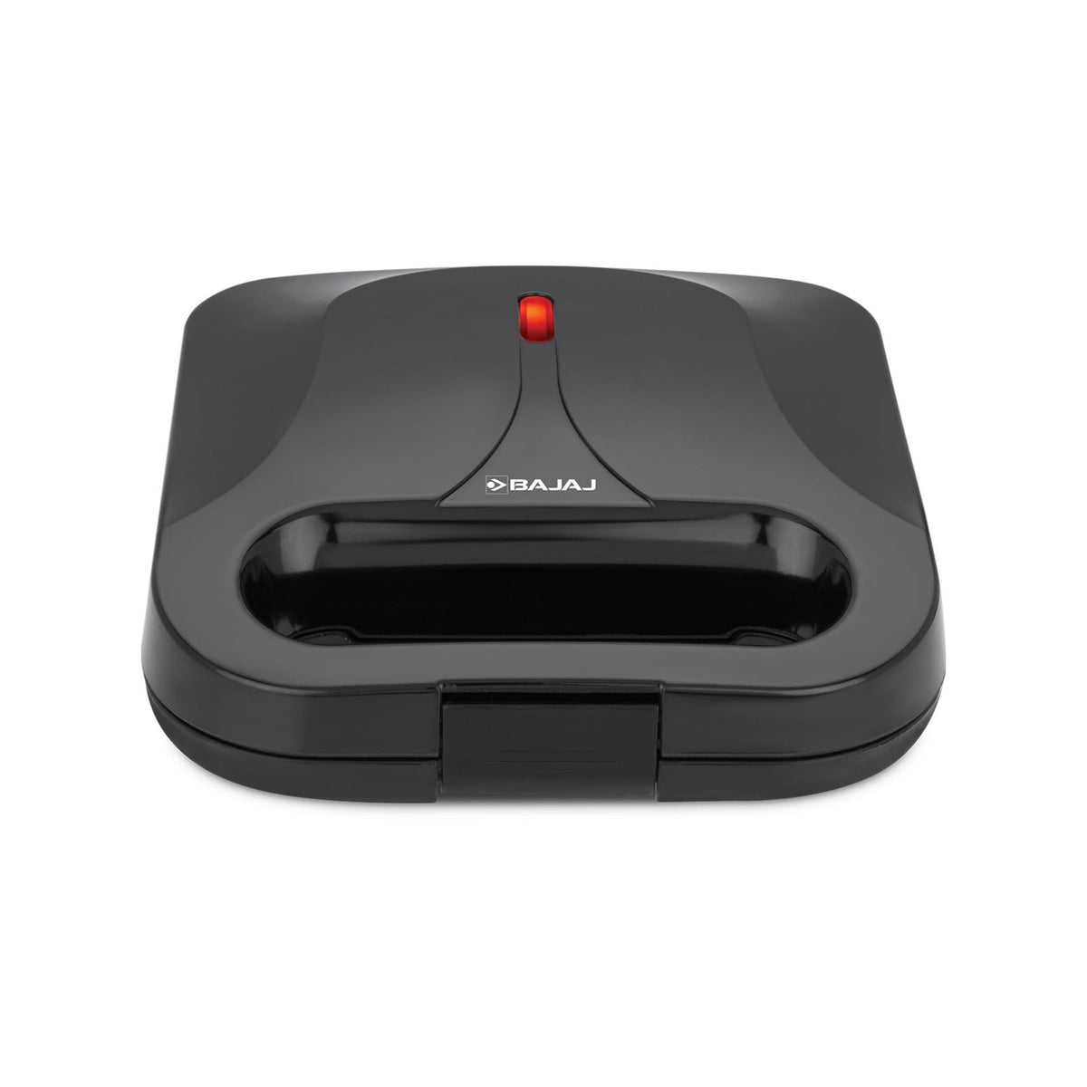 Bajaj SWX 5 sandwich toaster in black, closed, seen from the front with the red neon indicator and buckle clip