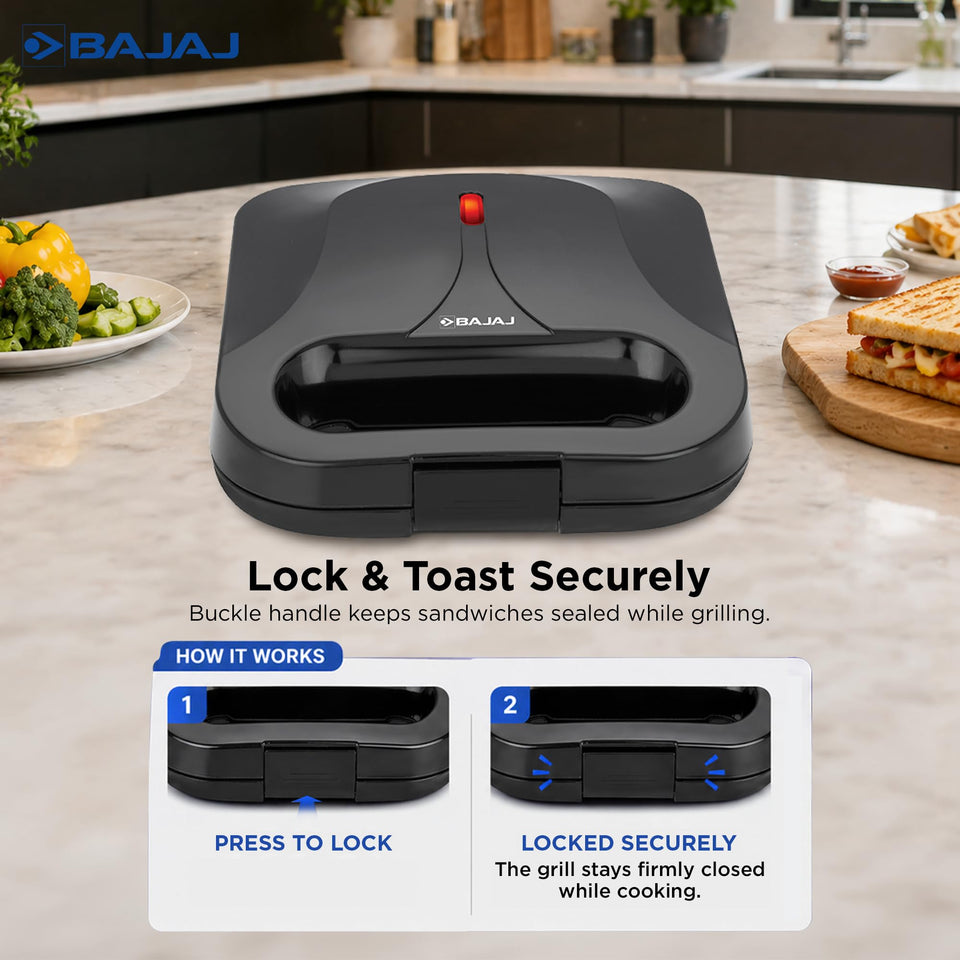 Bajaj SWX 5 sandwich toaster closed with the buckle handle shown in press-to-lock steps