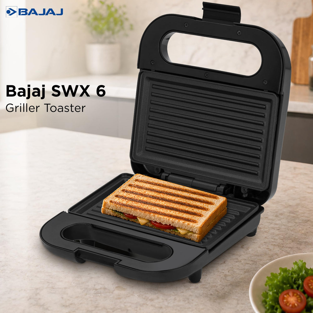 Bajaj SWX 6 griller toaster open on a marble kitchen counter with a grilled sandwich on the plate