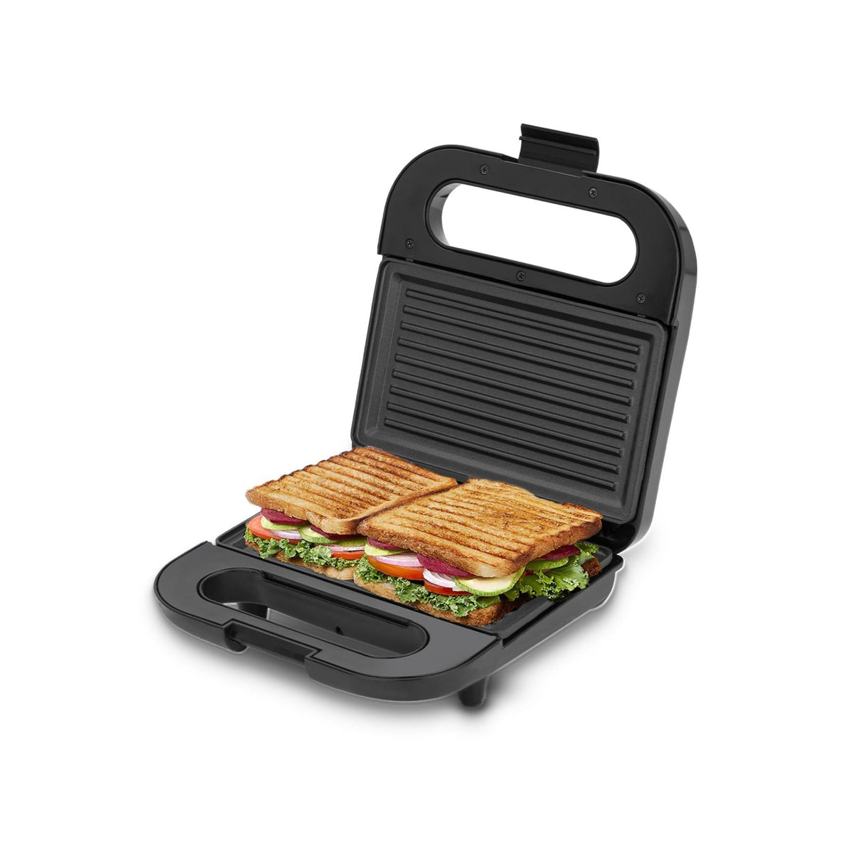 Bajaj SWX 6 sandwich griller open with two grilled vegetable sandwiches on the lower plate, on a white background