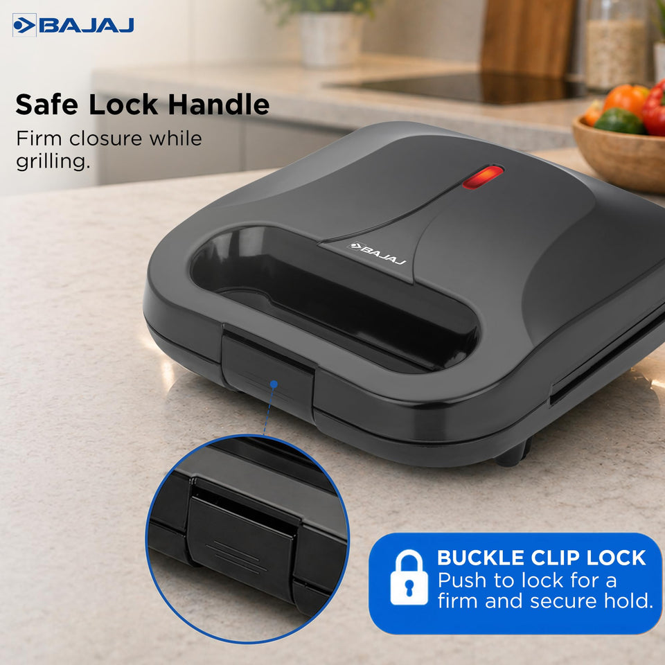 Closed Bajaj SWX 6 sandwich griller showing the red neon indicator and a close-up of the buckle clip lock
