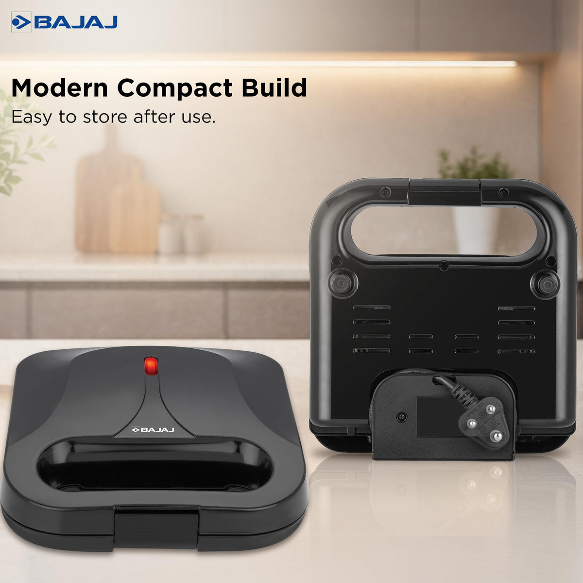 Bajaj SWX 6 sandwich griller closed beside a second unit standing upright with the power cord wound at the base
