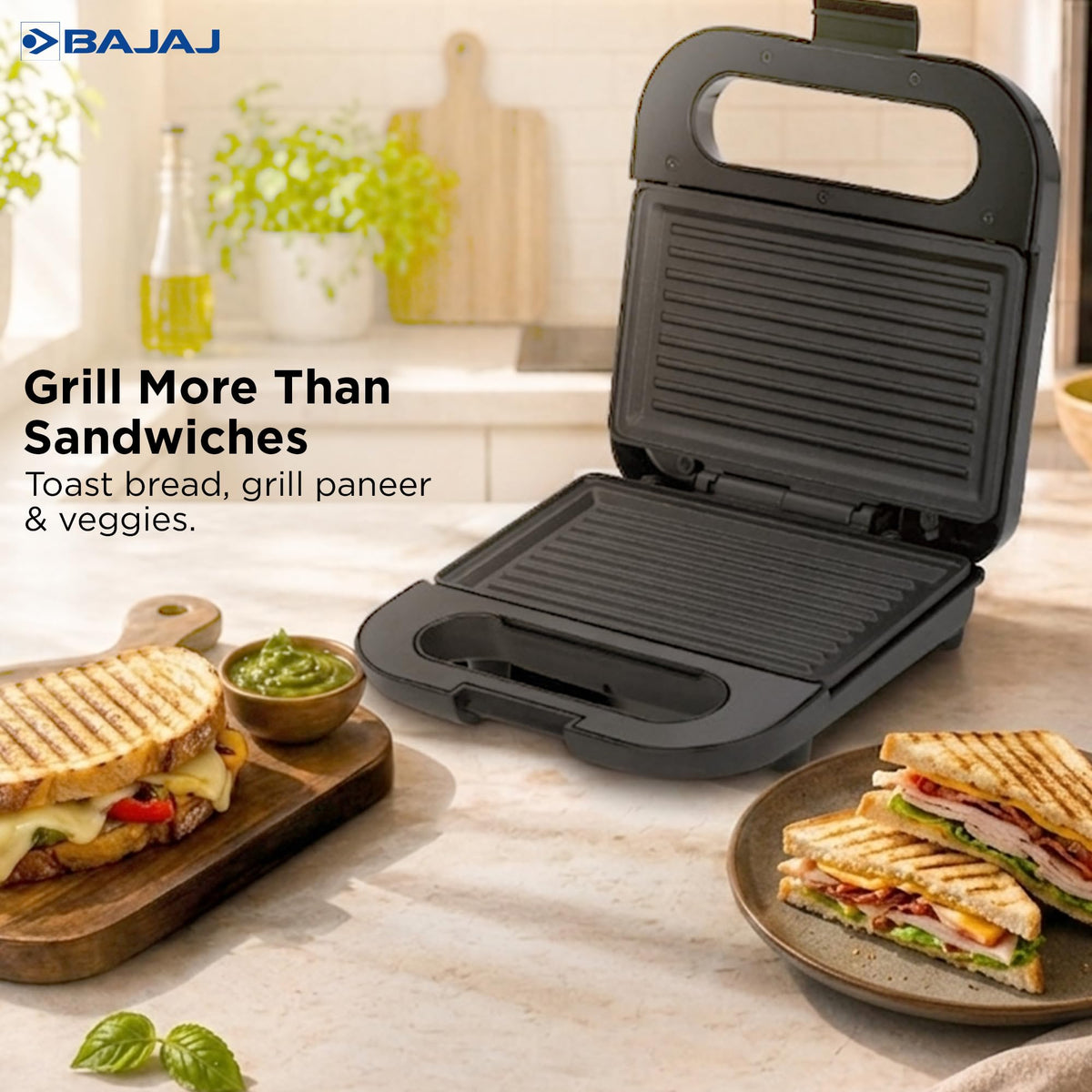 Bajaj SWX 6 sandwich griller open on a kitchen counter beside grilled sandwiches, with the text Grill More Than Sandwiches