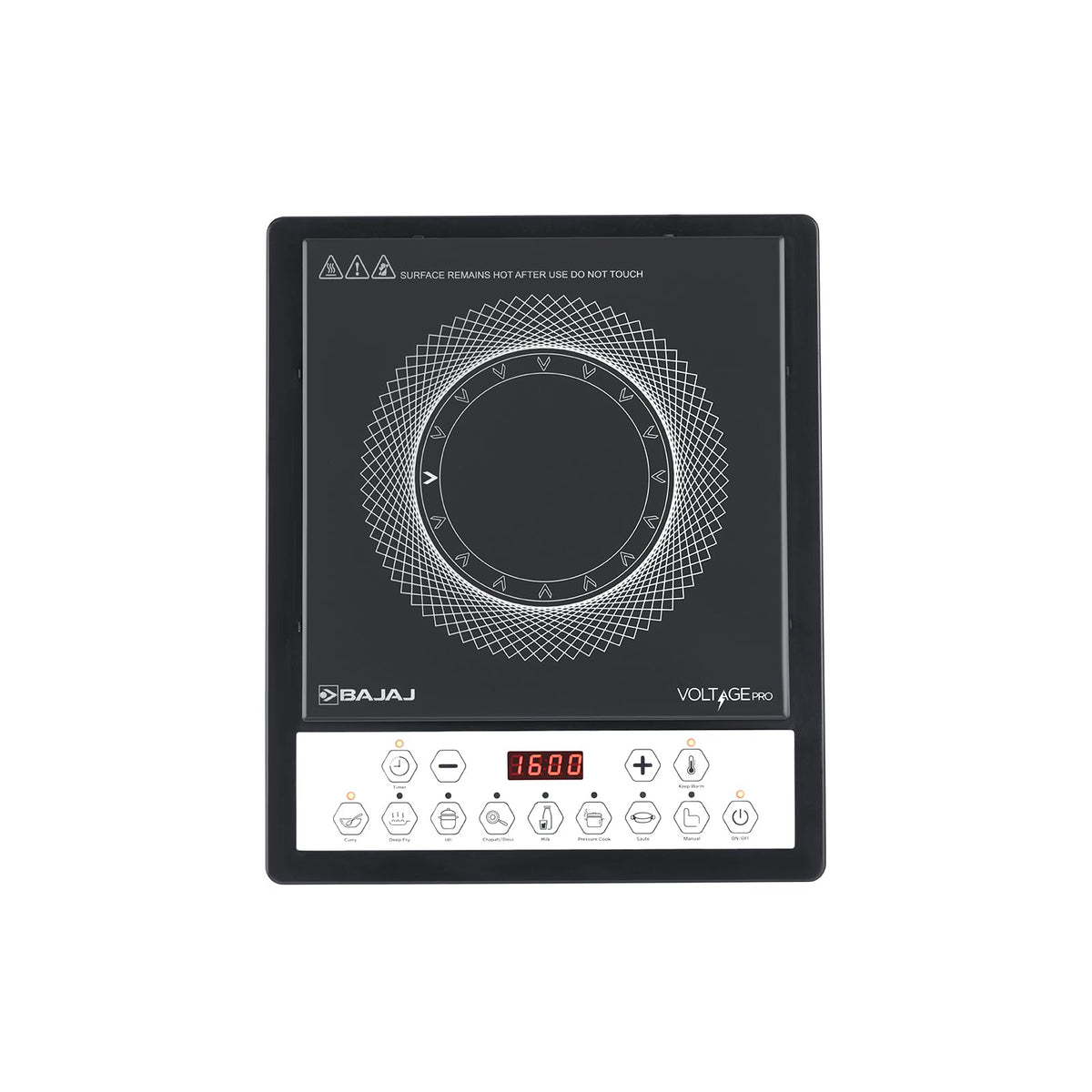 Bajaj ICX 160TS Neo black induction stove top view showing Voltage Pro cooking zone, digital display and touch buttons
