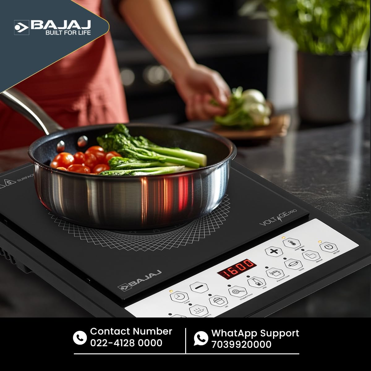 Bajaj ICX 160TS Neo induction stove with a pan of vegetables being cooked on the cooking zone