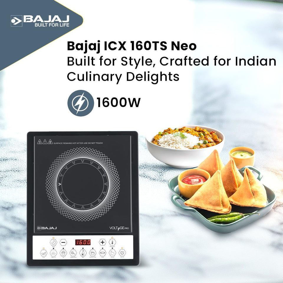 Bajaj ICX 160TS Neo induction stove with 1600W label beside a bowl of rice curry and samosas