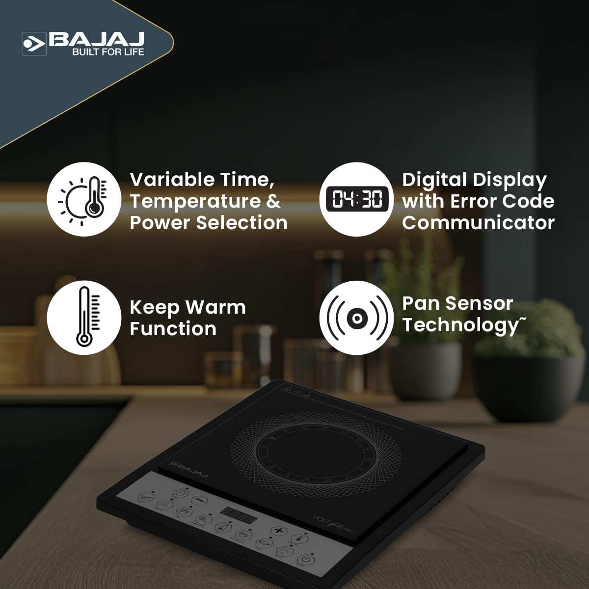 Bajaj ICX 160TS Neo induction stove on a kitchen counter with feature icons for variable settings, display, keep warm and pan sensor