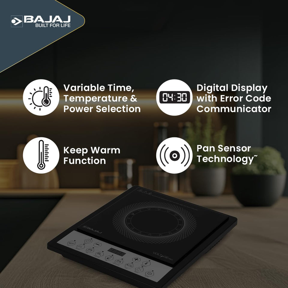Bajaj ICX 160TS Neo induction stove on a kitchen counter with feature icons for variable settings, display, keep warm and pan sensor