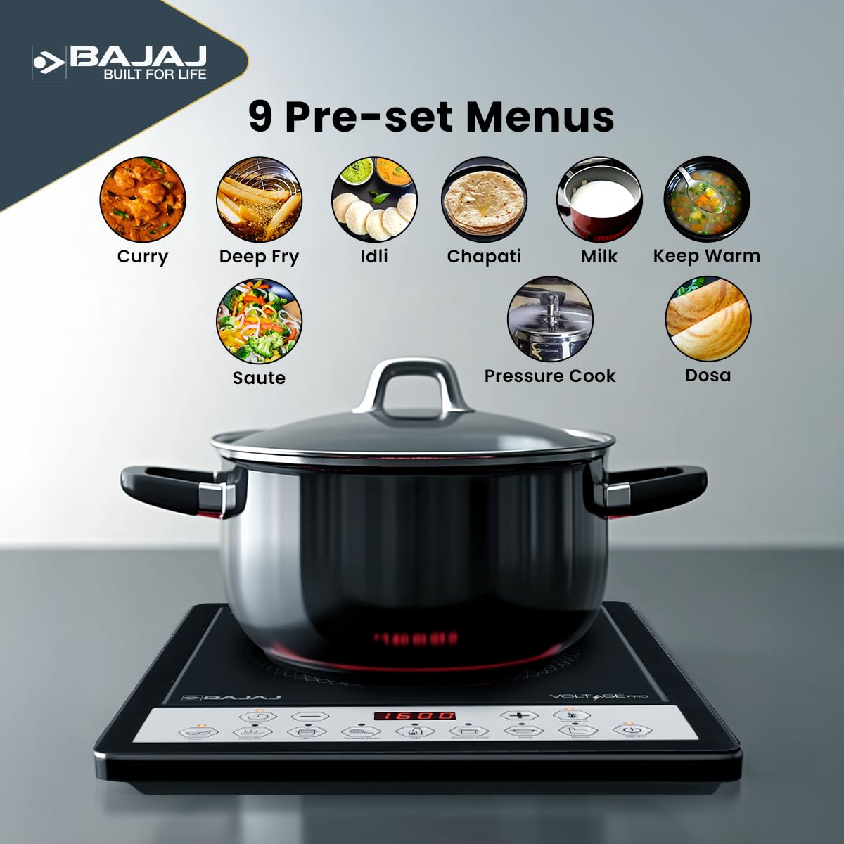 Bajaj ICX 160TS Neo induction stove with a pot on it and the 9 pre-set menus shown as icons