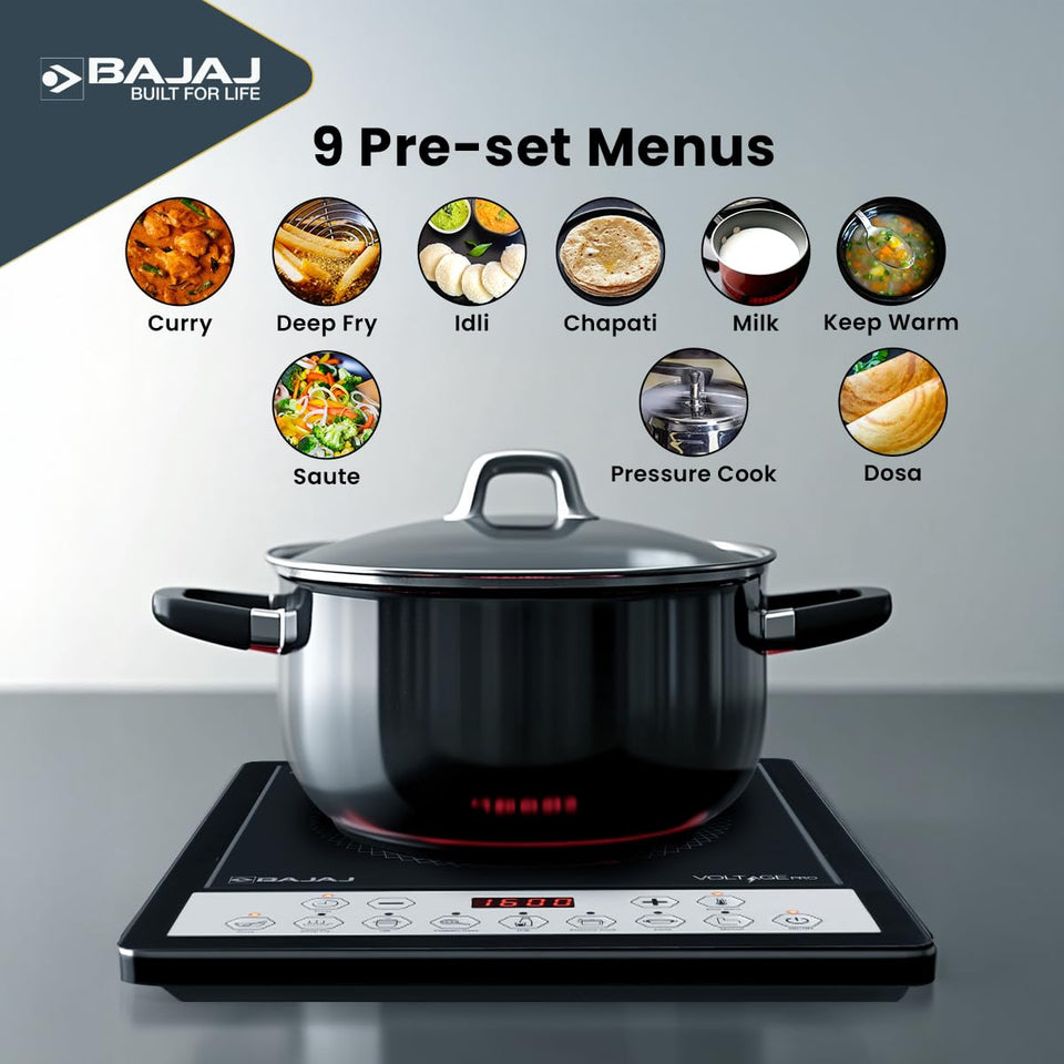 Bajaj ICX 160TS Neo induction stove with a pot on it and the 9 pre-set menus shown as icons