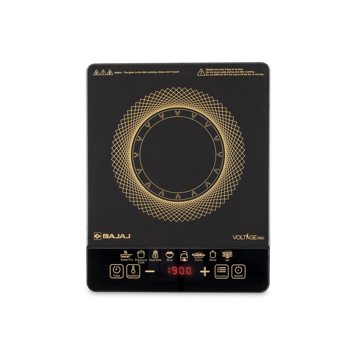 Bajaj ICX 190FS Voltage Pro induction stove, top view of the black glass surface with gold pattern and touch control panel showing 1900