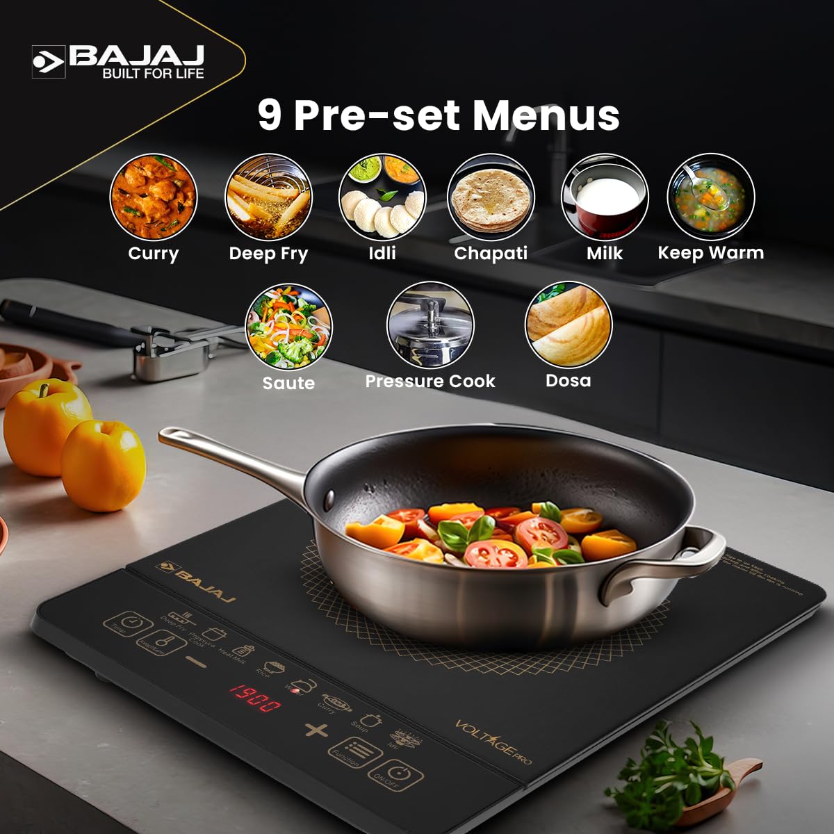 Bajaj ICX 190FS induction stove with a pan of vegetables and icons for its 9 preset menus