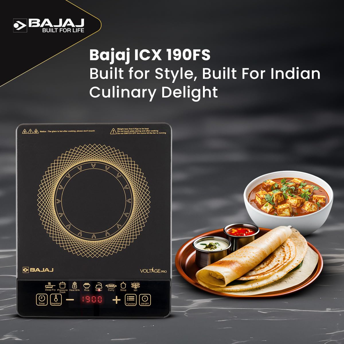 Bajaj ICX 190FS induction stove beside a bowl of paneer curry and a plate of dosa with chutneys