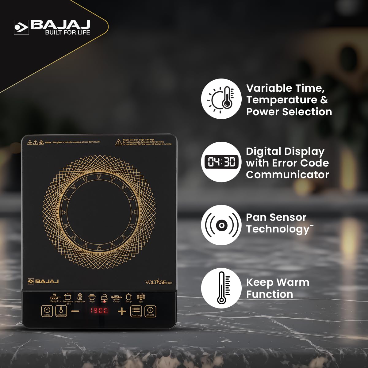 Bajaj ICX 190FS induction stove with callouts for variable settings, digital display, pan sensor and keep warm function