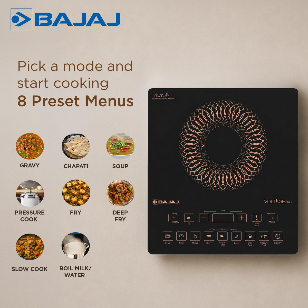 Bajaj ICX 200FP induction cooktop top view beside icons of its 8 preset menus including gravy, chapati, soup and fry