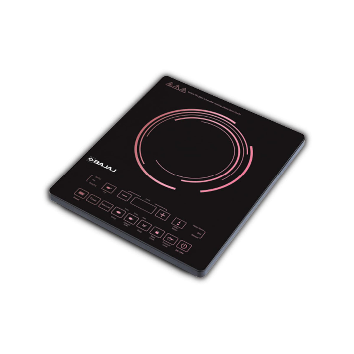Bajaj ICX 200FP induction cooktop in black, angled top view showing glass surface, cooking zone and touch controls