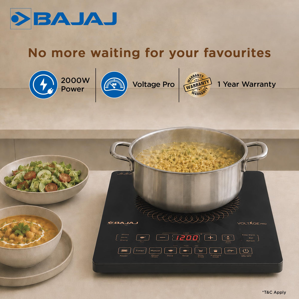 Bajaj ICX 200FP Voltage Pro induction cooktop with a steel pot of food, 2000 W power and 1 year warranty callouts