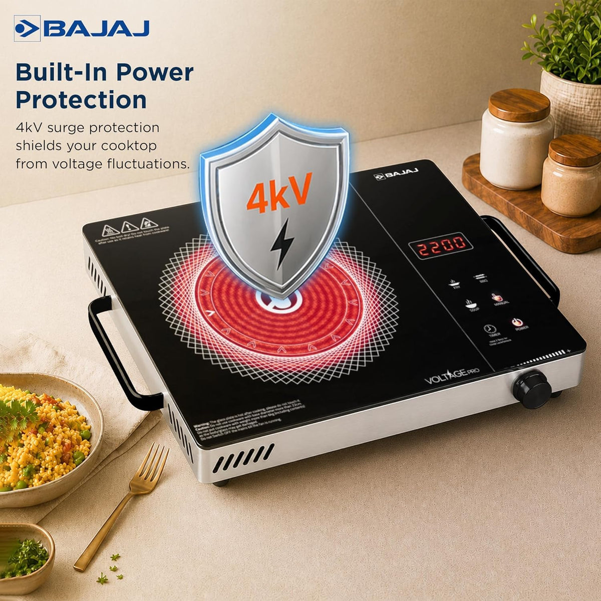 Bajaj IRX 220F infrared cooktop with a 4kV shield graphic highlighting built-in surge protection