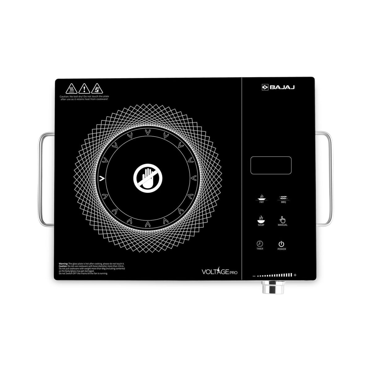 Top view of the Bajaj IRX 220F Voltage Pro infrared cooktop showing the black glass plate, side handles, touch controls and temperature knob