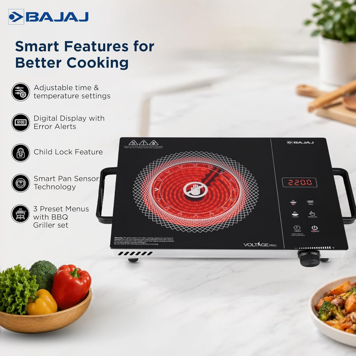 Bajaj IRX 220F infrared cooktop with a feature list covering adjustable settings, digital display, child lock, pan sensor and preset menus
