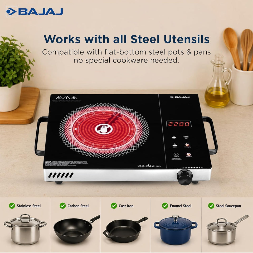Bajaj IRX 220F infrared cooktop shown with stainless steel, carbon steel, cast iron, enamel steel and steel saucepan cookware