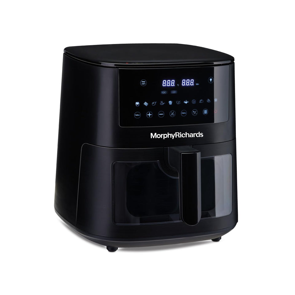 Morphy Richards 510064 air fryer angled view showing the digital touch panel and cool-touch handle