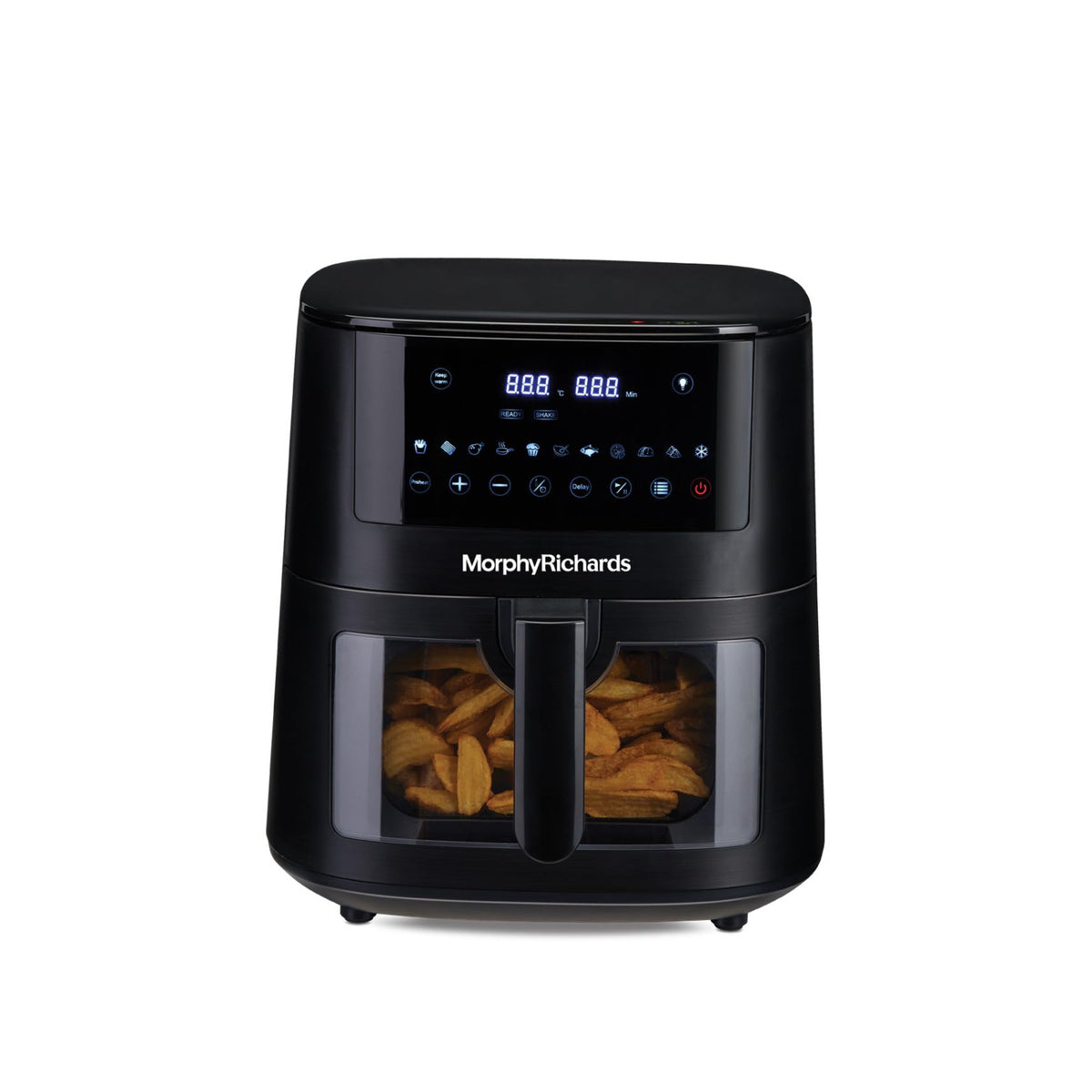 Morphy Richards 510064 Crystal Crysp 6.5 L air fryer front view with touch control panel and potato wedges visible through the window