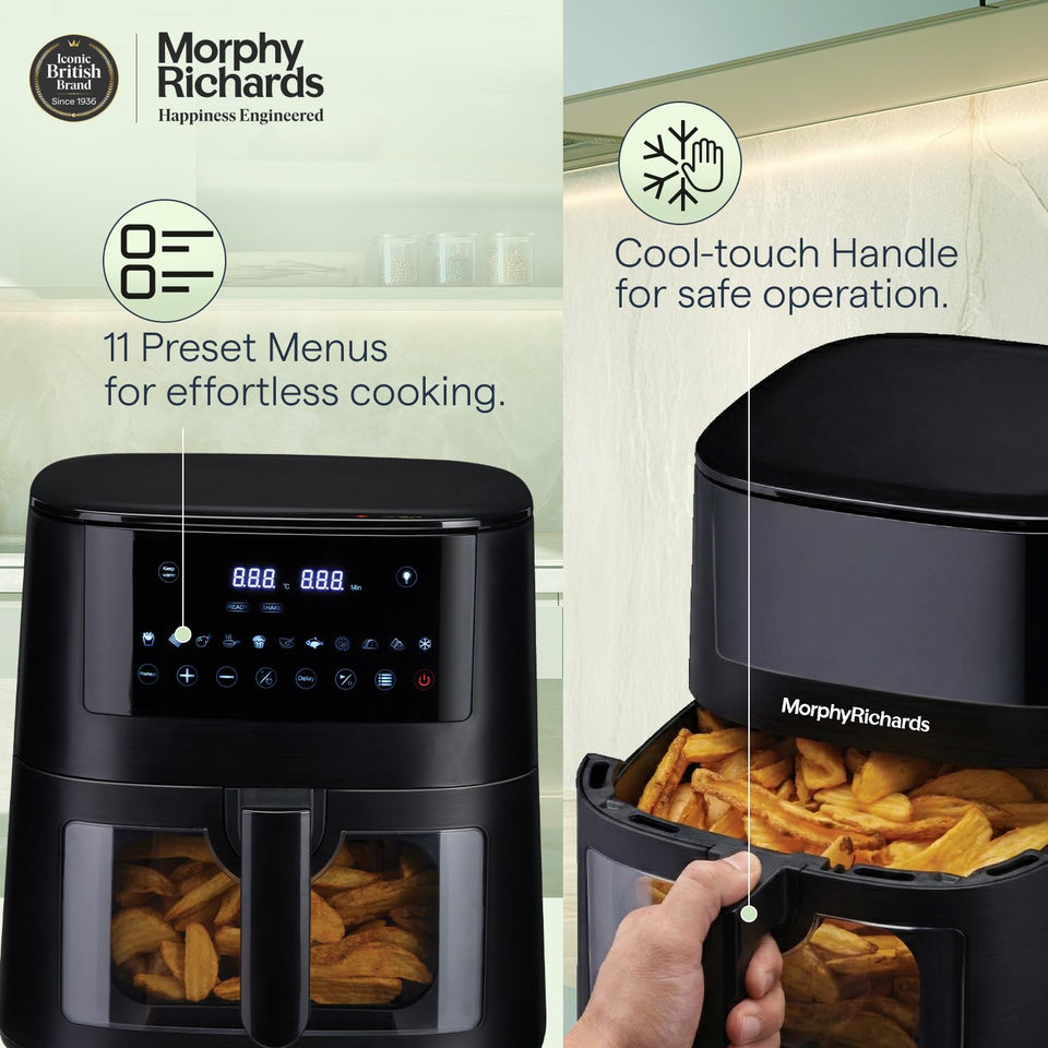 Morphy Richards 510064 air fryer highlighting 11 preset menus and the cool-touch handle