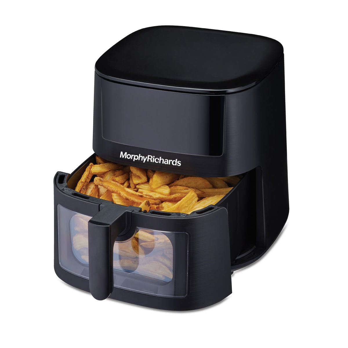 Morphy Richards 510064 air fryer with basket pulled out, showing crisp potato wedges and the see-through basket window