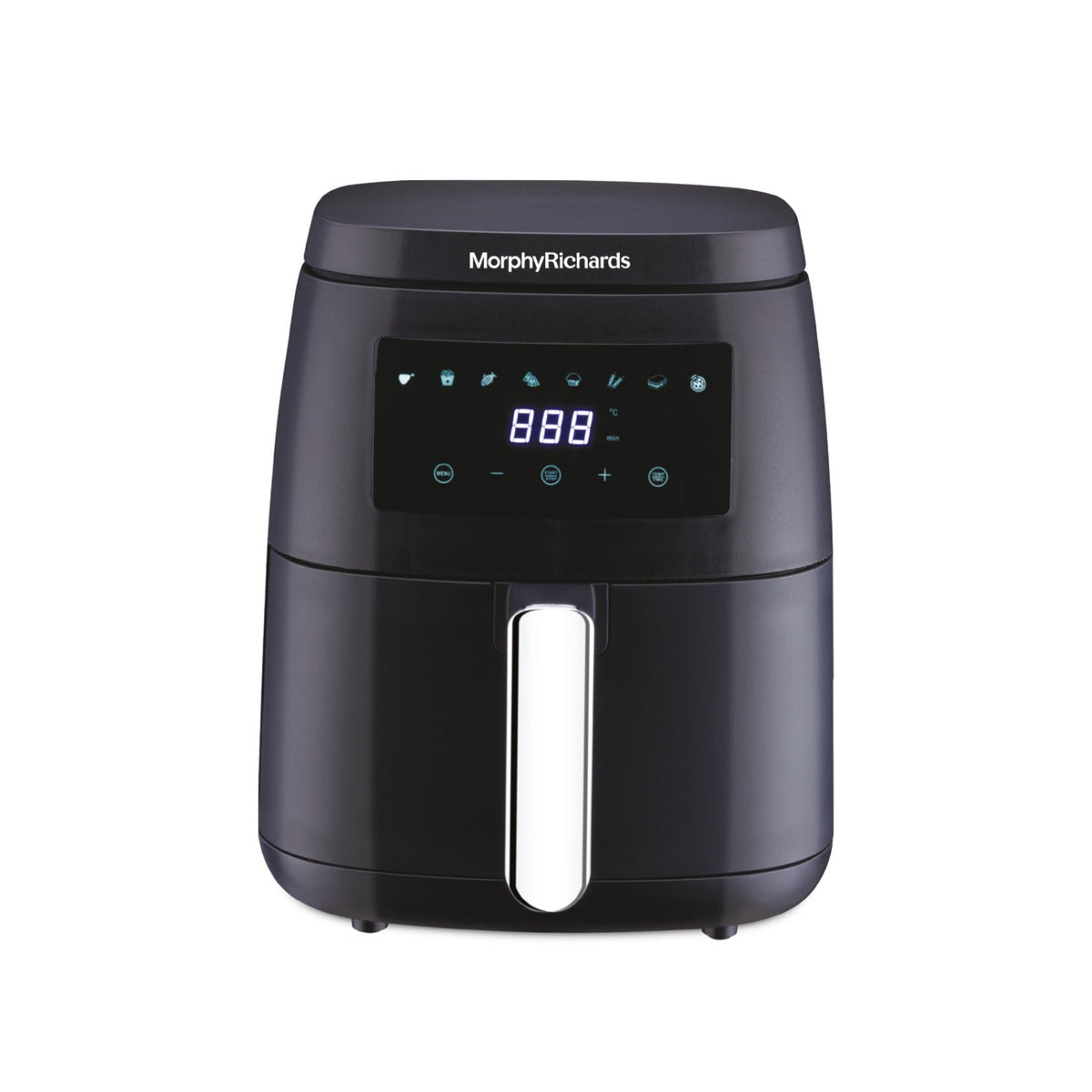 Morphy Richards 510056 5 L digital air fryer in black, front view with touch control panel and chrome basket handle