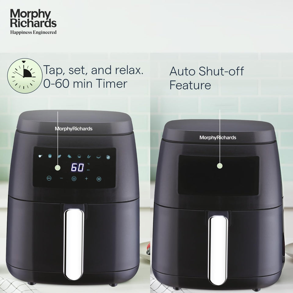 Morphy Richards 510056 air fryer showing the 0-60 min timer on the display and the auto shut-off feature
