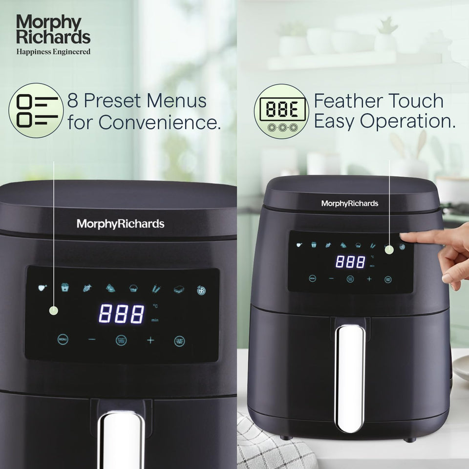 Morphy Richards 510056 air fryer close-up of the touch panel showing 8 preset menus and feather touch operation
