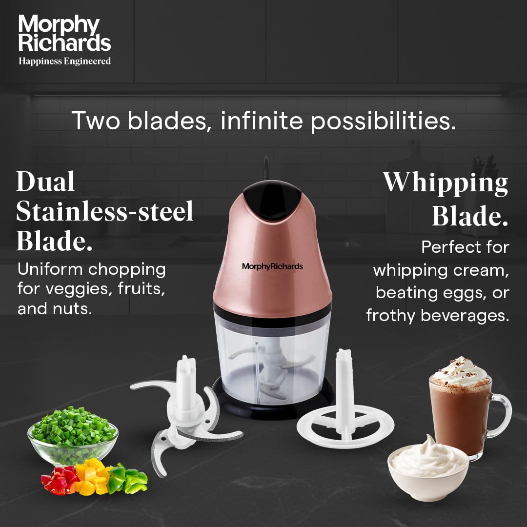 Morphy Richards 640082 mini chopper with its stainless steel chopping blade and whipping blade attachment beside chopped vegetables and cream