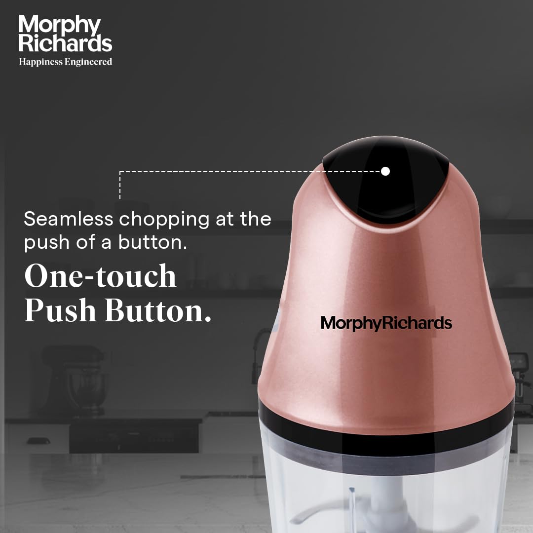 Close-up of the Morphy Richards 640082 mini chopper showing the one-touch push button on top