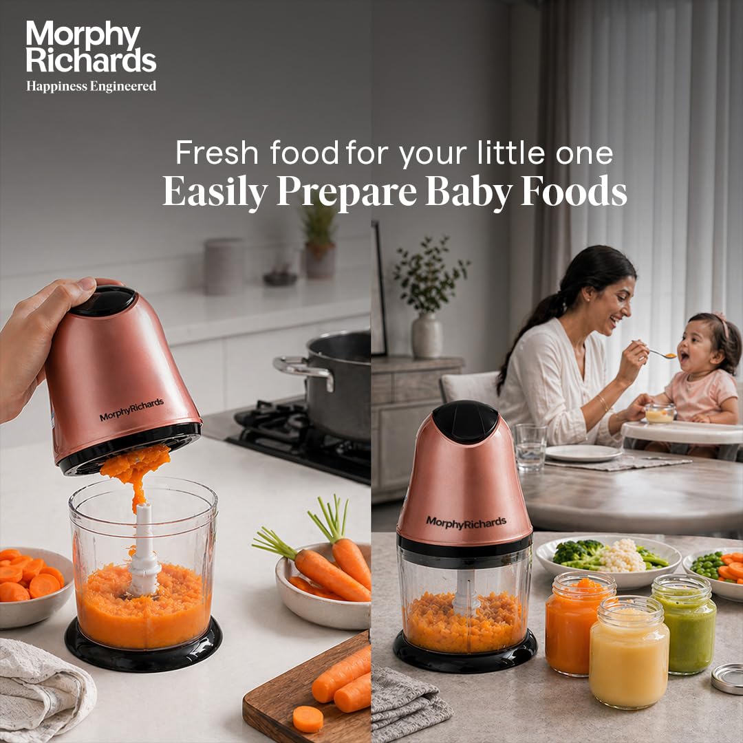 Morphy Richards 640082 mini chopper preparing carrot puree for baby food with jars of purees alongside