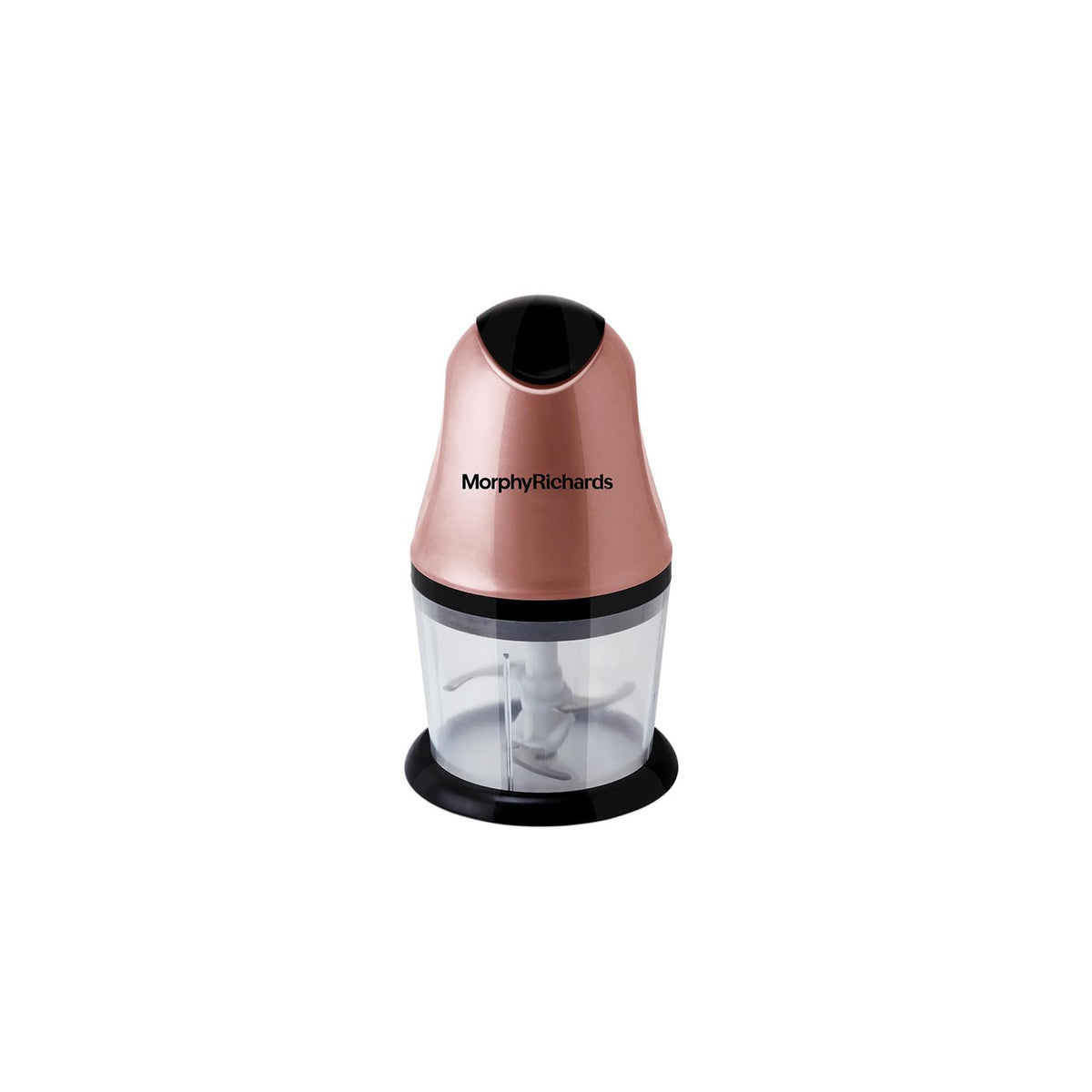 Morphy Richards 640082 rose gold mini chopper with clear 840 ml bowl and black base on white background