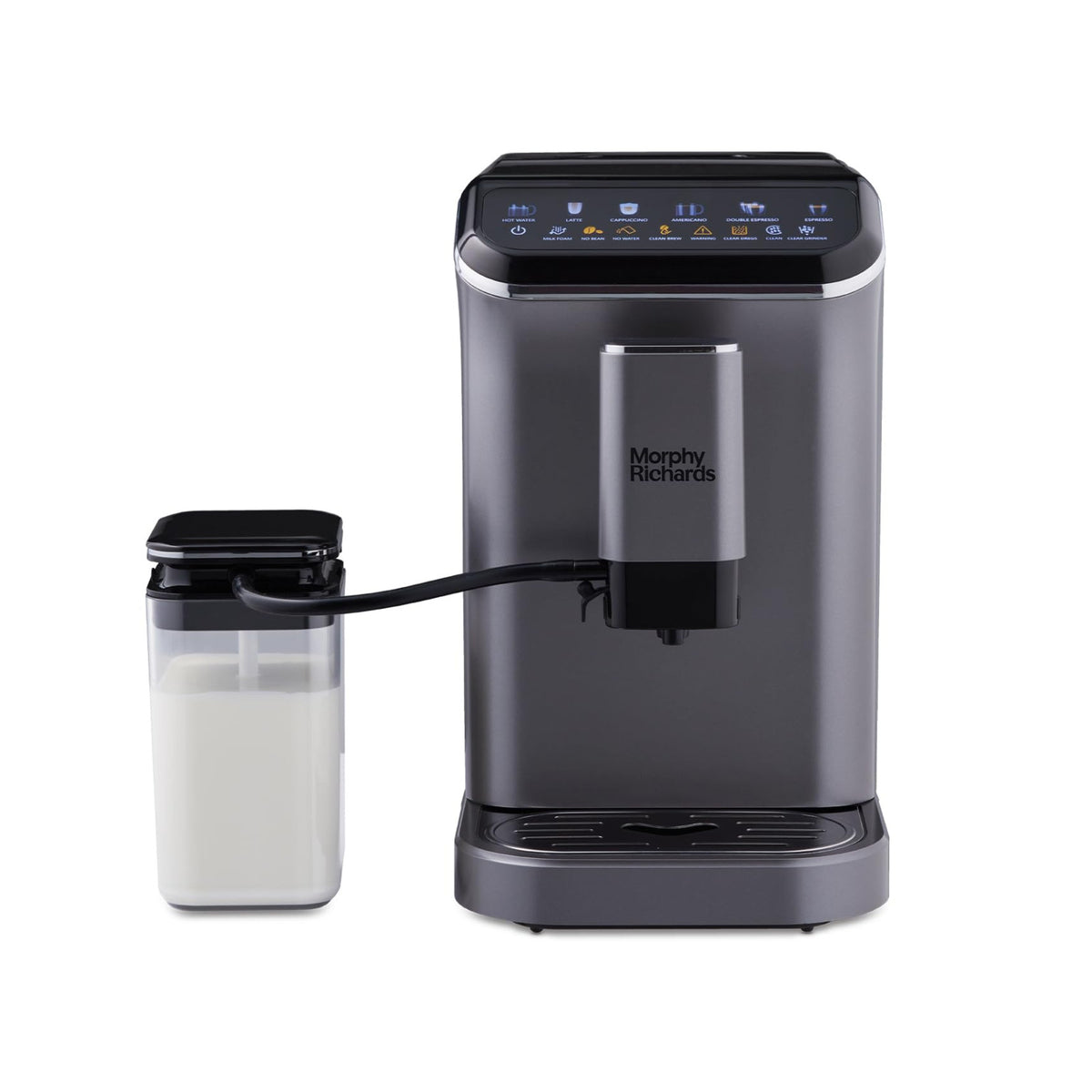 Morphy Richards 350019 Café Artisan titanium coffee machine with touch panel and milk container connected by a tube