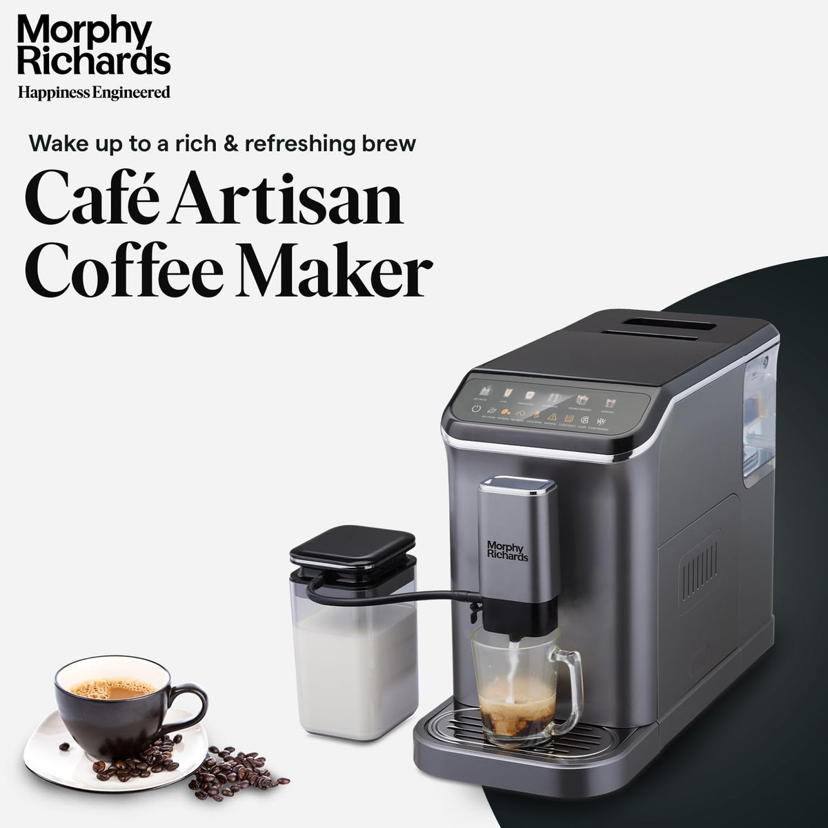 Morphy Richards Café Artisan 350019 coffee machine pouring milk and coffee into a glass mug, with a coffee cup and beans beside it